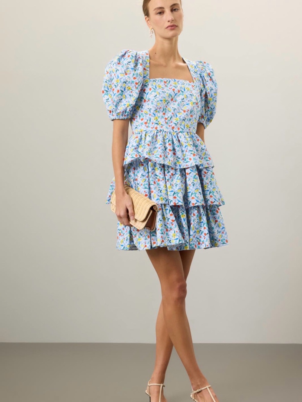 HUNTER BELL Floral Porter Tiered Puff-Sleeve Mini Dress 6